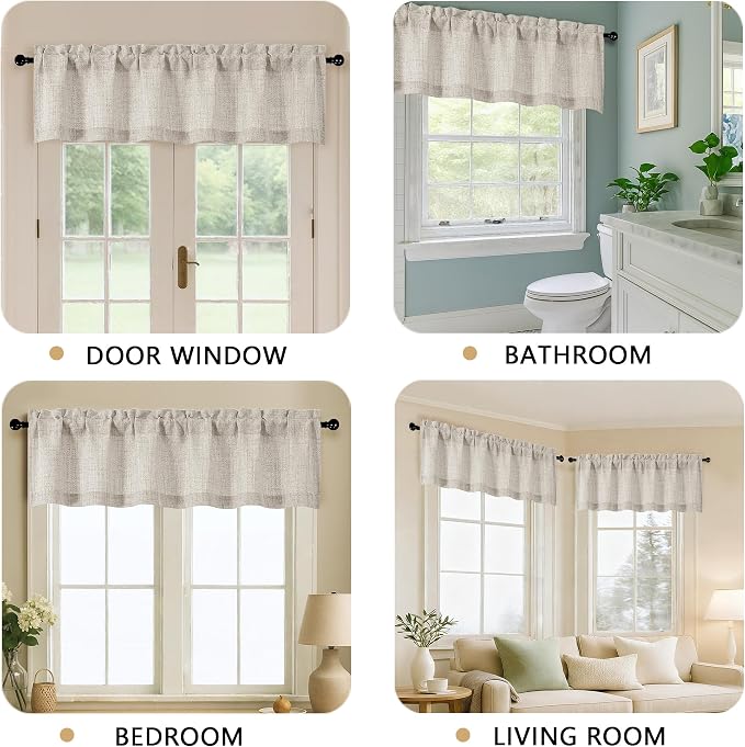 OVZME Valance for Windows, Light Filtering Faux Linen Textured Small Cafe - Image 5