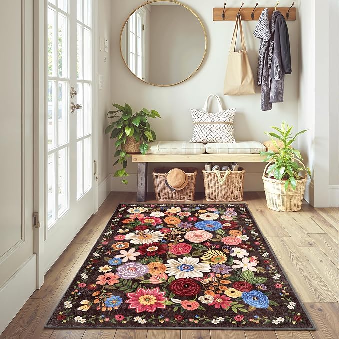 Floral Machine Washable Rug Black/Brown, 3x5 Rug Non Slip Soft Bedroom Rugs - Image 2