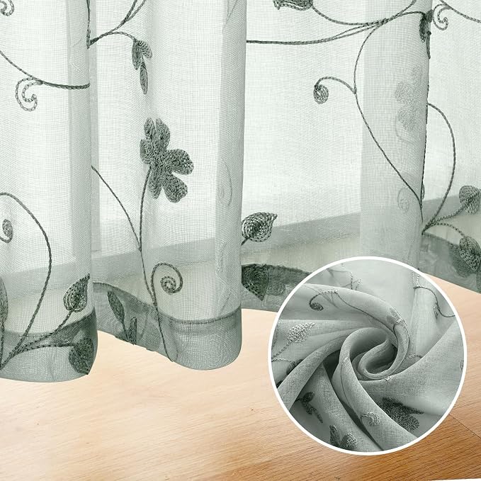 HOMEIDEAS Sage Green Sheer Curtains 84 Inches Long 2 Panels Embroidered Floral - Image 5