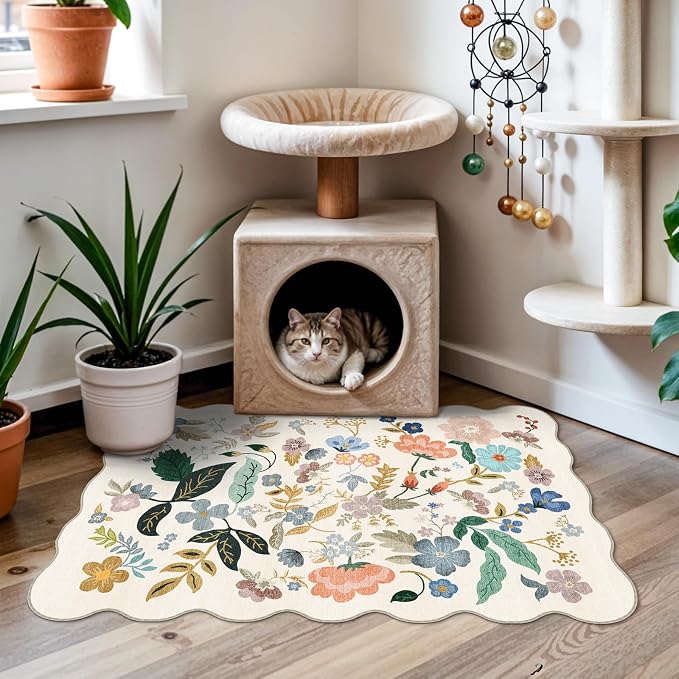 Washable 2x3 Entryway Scalloped Rug: Floral Thin Door Mat Non Slip Water - Image 3