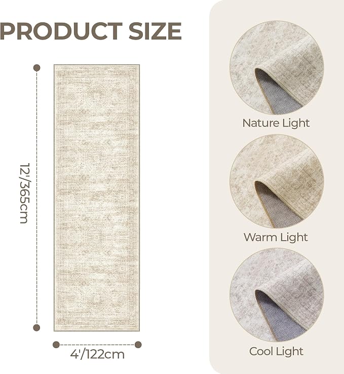 4x12 Runner Rug for Hallway, Low-Pile Wide Runner for Entryway, Long Washable - Image 2