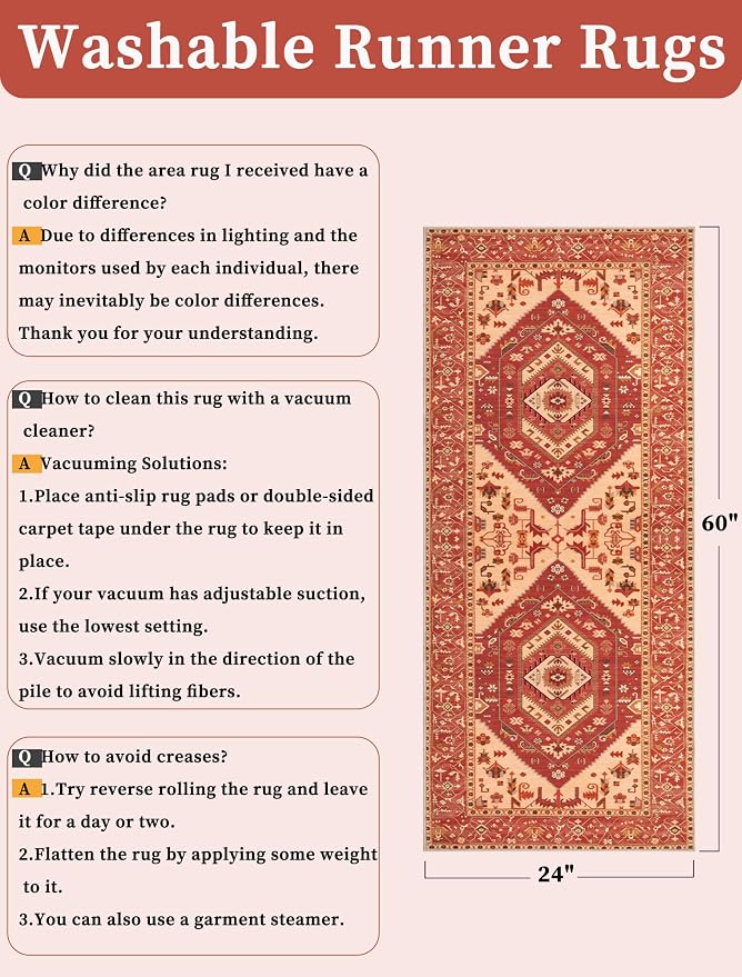 SERISSA Boho Washable Runner Rug, 2x5 Rug Runner Non-Slip Vintage Red Hallway - Image 6