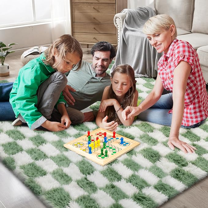 Area Rugs for Bedroom Living Room, 4x6 Green and White Fluffy Soft Checkered - Image 2