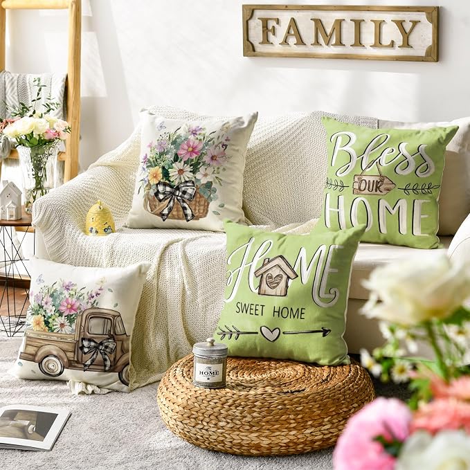 AVOIN colorlife Bless Our Home Eucalyptus Leaves Throw Pillow Covers, 20 x 20 - Image 2