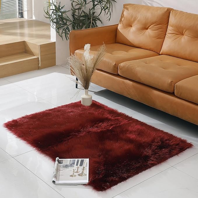 linmopm Faux Fur Rug Sheepskin Shag Fluffy Fuzzy Red 3x4 ft Rugs - Image 2