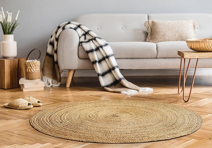 Hausattire Hand Woven Jute Braided Rug, 4’ Round – Natural, Reversible Boho - Image 4