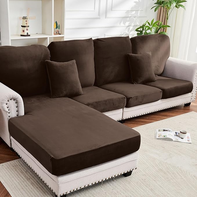 Couch Cover 8-Piece Elastic Velvet Couch Cushion Covers & Chaise Slipcovers by Taque