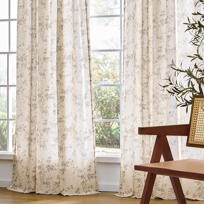 Lazzzy Linen Farmhouse Curtains Grey Floral Curtains 63 Inch Long Back Tab - Image 7