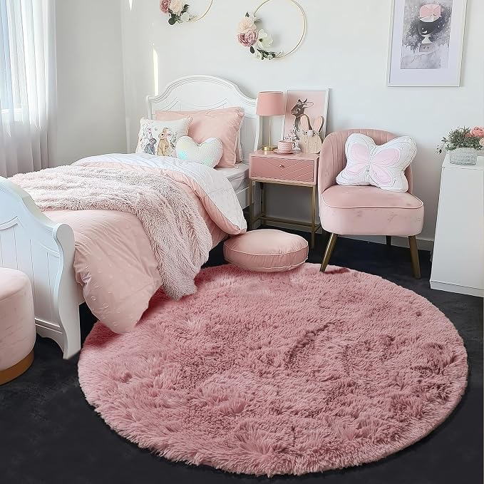 Blush Round Rug 6Ft for Bedroom, Fluffy Fuzzy Plush Circle Area Rugs for Baby - Image 3