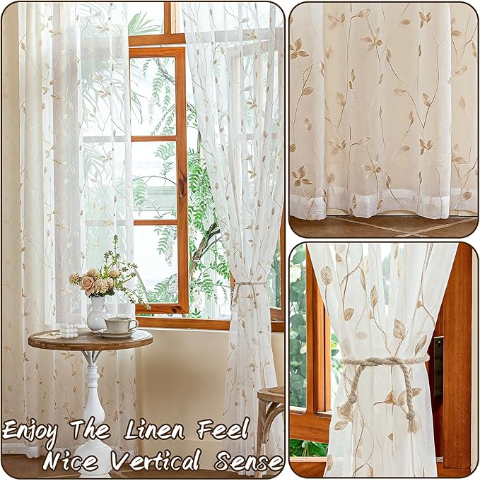AmHoo 2 Panels Embroidered Leaf Pattern Semi Sheer Curtains Foliage Floral - Image 5