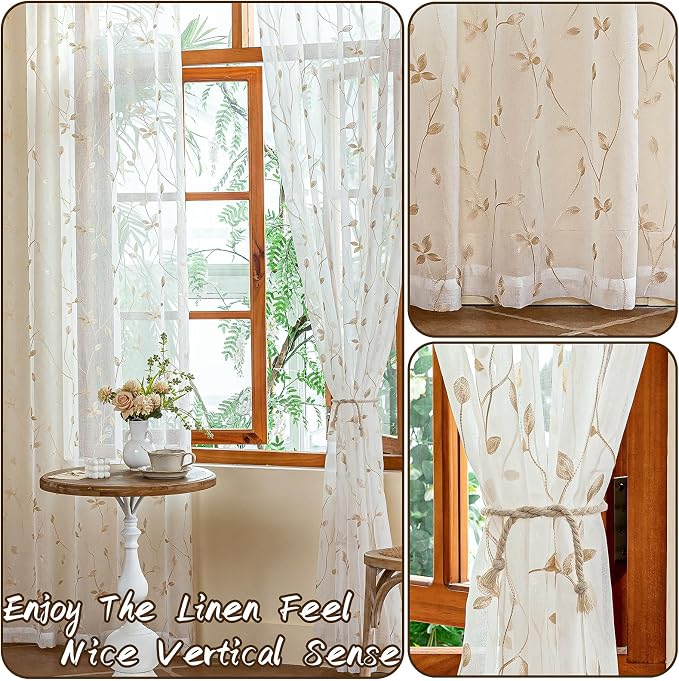 AmHoo 2 Panels Embroidered Leaf Pattern Semi Sheer Curtains Foliage Floral - Image 5