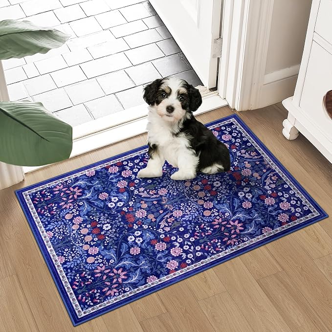 Entryway Rug 2X3 Small Rugs: Floral Washable Door Mat Vintage Soft Low Pile - Image 2