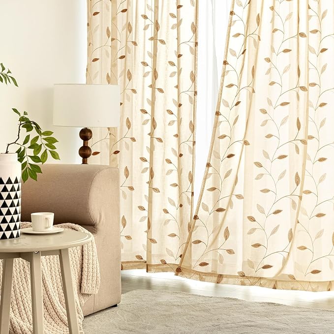 MIULEE Khaki Sheer Curtains 2 Panels Embroidered Leaf Patterned Rod Pocket - Image 3