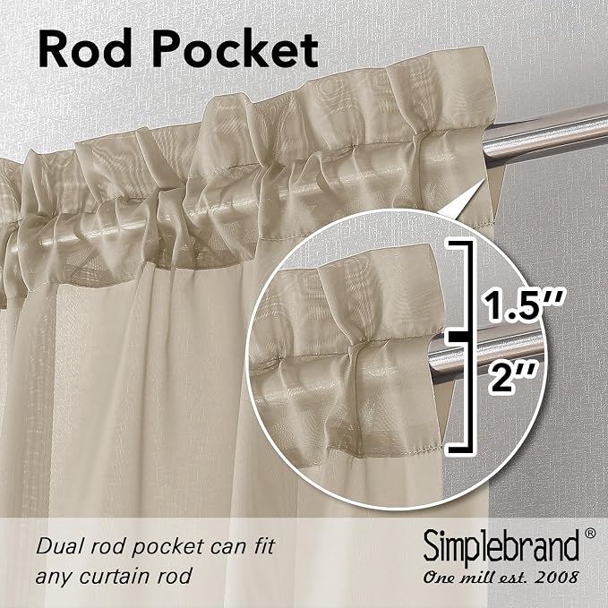 Simplebrand Taupe Sheer Curtains 84 Inches Long 2 Panels, Light Filtering Rod - Image 2