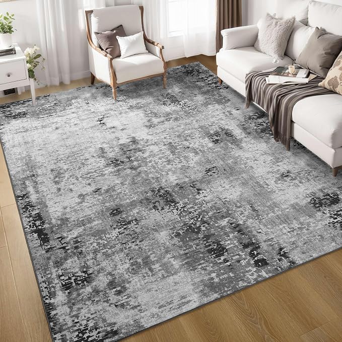 Living Room Rug 8x10 Gray Area Rugs Machine Washable Abstract Boho Large Rug - Image 8