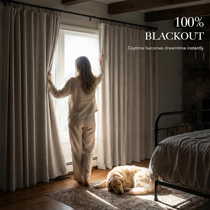 RYB HOME Natural Beige 100% Blackout Linen Curtains - Image 3