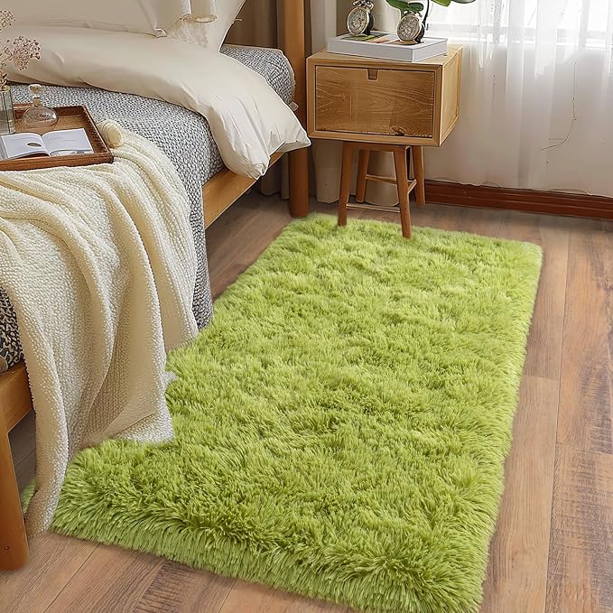 Soft Runner Rugs for Bedroom Hallways, 2x4 Grass Green Fluffy Shag Throw Area by Ailyei