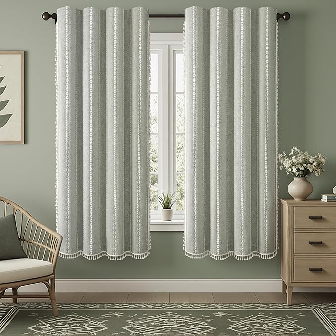 Boho Blackout Curtains 72 Inches Long Sage Green Linen Blend 2 Panels by Unknown