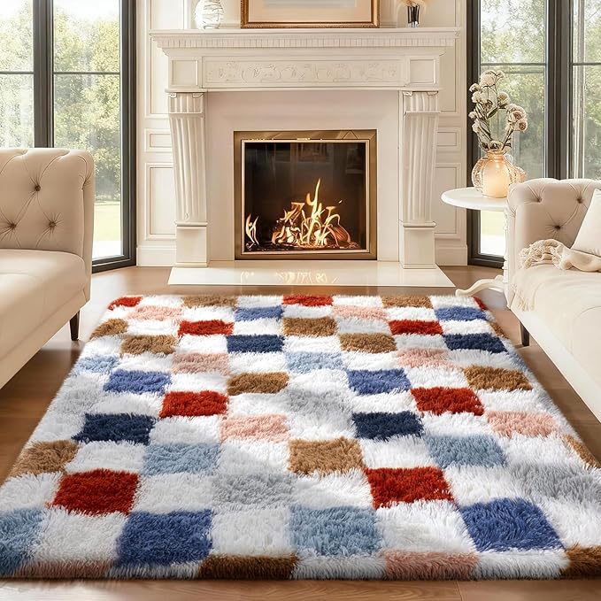 Ophanie Checkered Rainbow Rug for Living Room Bedroom, Colorful Fluffy Soft by Ophanie