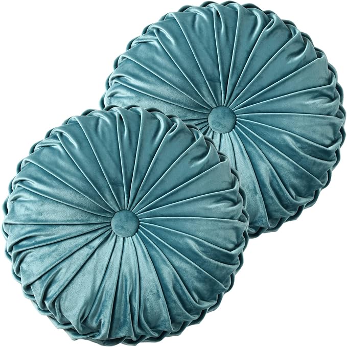 HIG Set of 2 Teal Ruched Velvet Round Throw Pillows – 14.5’’ Decorative Pillows by HIG
