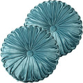 HIG Set of 2 Teal Ruched Velvet Round Throw Pillows – 14.5’’ Decorative Pillows by HIG