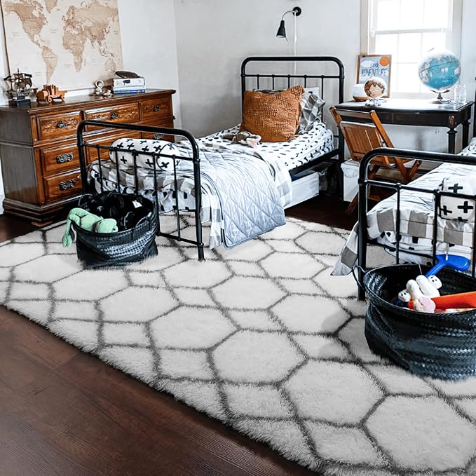 Area Rugs for Living Room, 5x8 Fluffy White and Grey Bedroom Geometric Rug | - Image 9