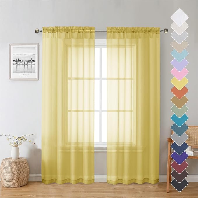 Lecloud Yellow Sheer Curtains 72 Inches Long 2 Panels, Light Filtering Voile by Lecloud