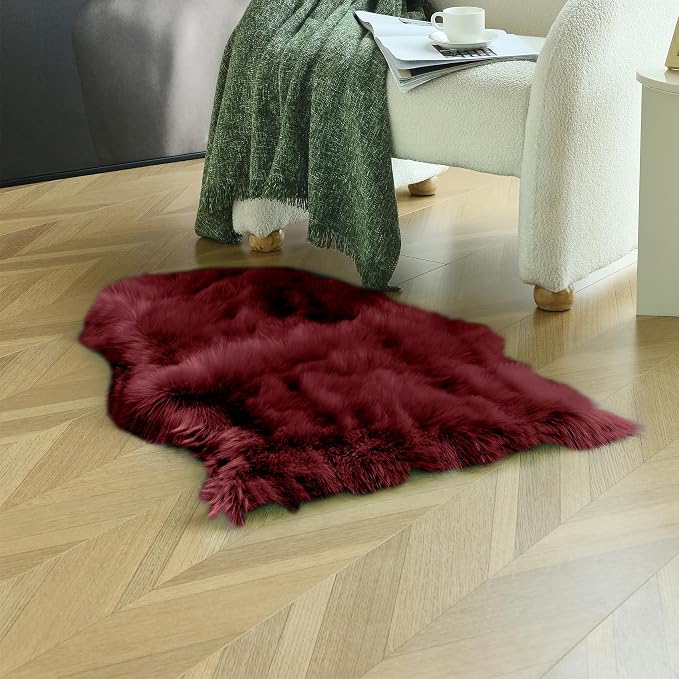 duduta Burgundy Sheepskin Throw Rug 2x3 ft, Fluffy Shag Faux Fur Seat Chair - Image 6