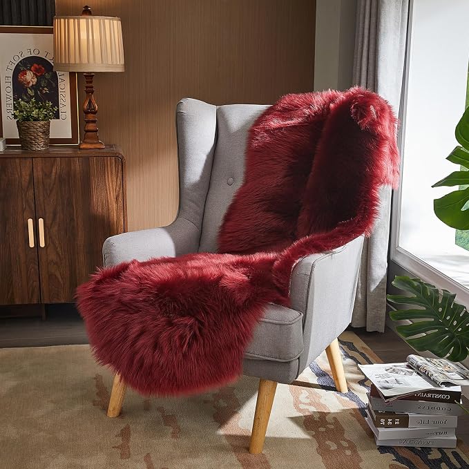 AMTOVO Faux Sheepskin Rug, Burgundy Ultra Soft Fluffy Shag Area Rug, 2 x 6 ft - Image 5