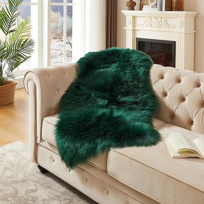 AMTOVO Faux Fur Rug, Dark Green Area Rug, Fluffy Sheepskin Rug, Fuzzy Ultra - Image 3