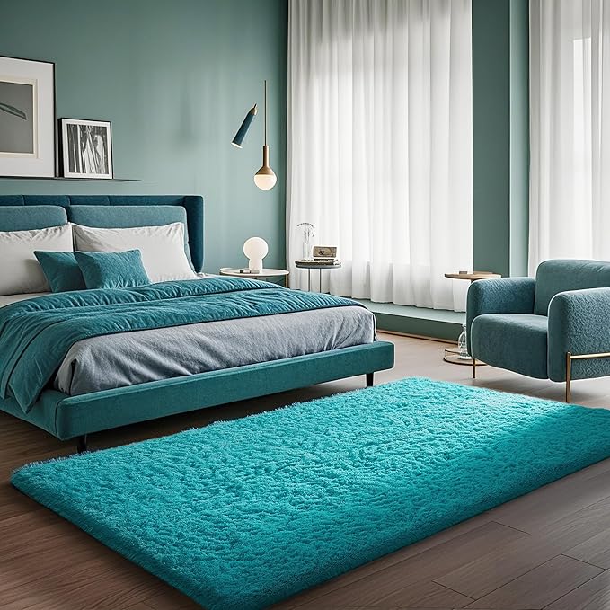Ophanie Teal Rugs for Bedroom Living Room, Fluffy Fuzzy Furry Carpet, Plush - Image 5