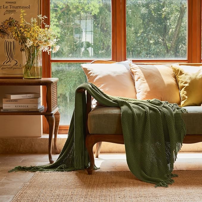 lifein Throw Blanket for Couch, Soft Green Boho Decor Bed Throw, Cozy Knitted - Image 2