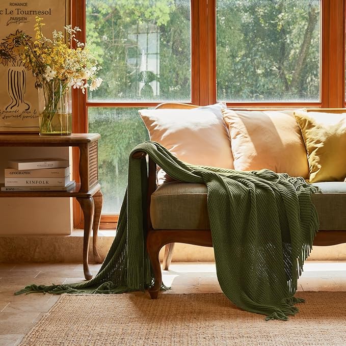 lifein Throw Blanket for Couch, Soft Green Boho Decor Bed Throw, Cozy Knitted - Image 2