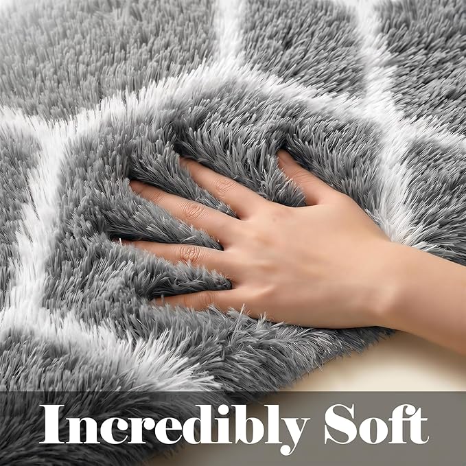 Area Rugs for Bedroom Living Room, 4x6 Fluffy Grey and White Geometric Rug | - Image 3