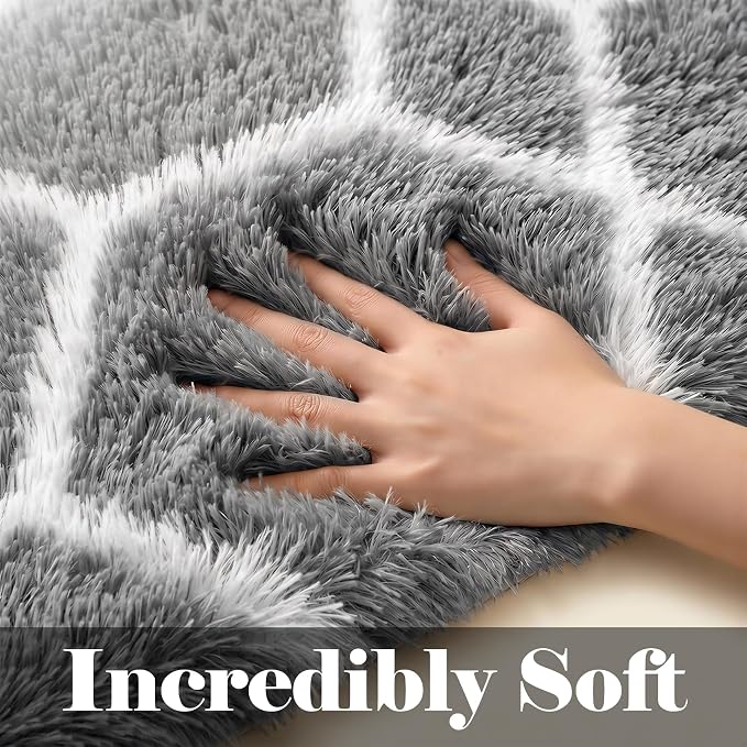5x7 Area Rugs for Living Room Bedroom, Fluffy Grey and White Geometric Rug | - Image 2
