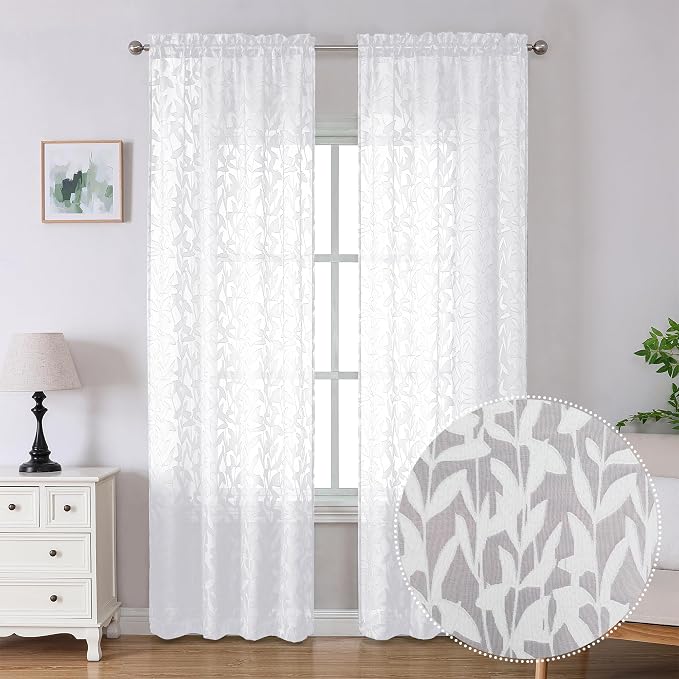 Lecloud Leia Bedroom White Sheer Curtains 96 Inches Long 2 Panels, Burnout by Lecloud