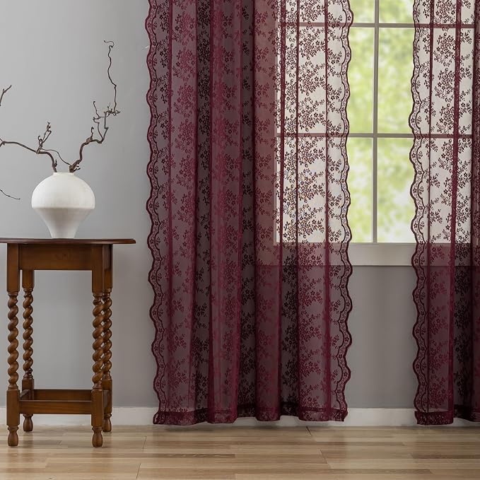 YJ YANJUN Vintage Lace Curtains 84 Inches Long- Elegant Floral Maroon Sheer - Image 5