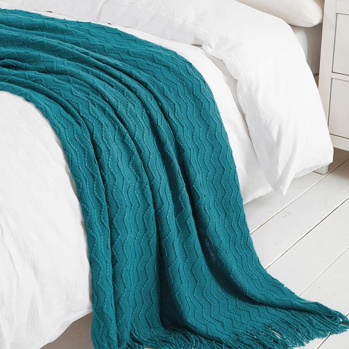 BOURINA Teal Throw Blanket 50 x90 Inches Throw Textured Solid Soft Sofa Throw - Image 3