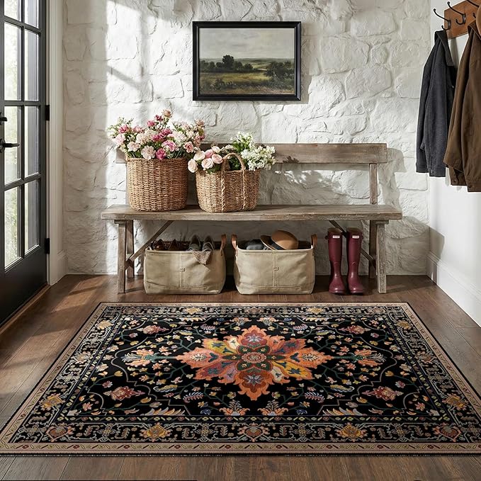 Area Rugs 5'x8' Washable Non-Slip, Floral Vintage Distress Print Pattern - Image 3