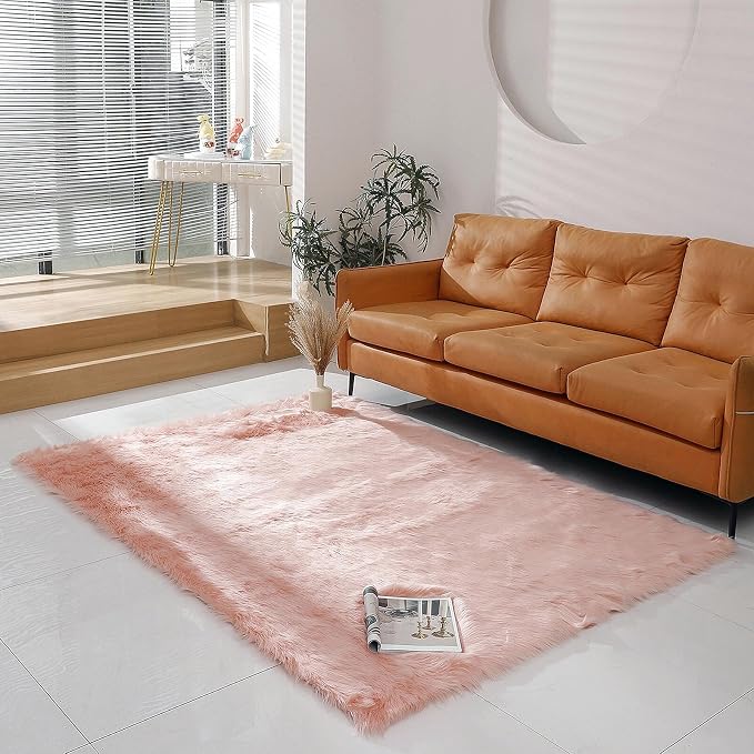 linmopm Faux Fur Rug Sheepskin Shag Fluffy Fuzzy 5x7 ft Pink Rugs by Limopmfauxfurproducts