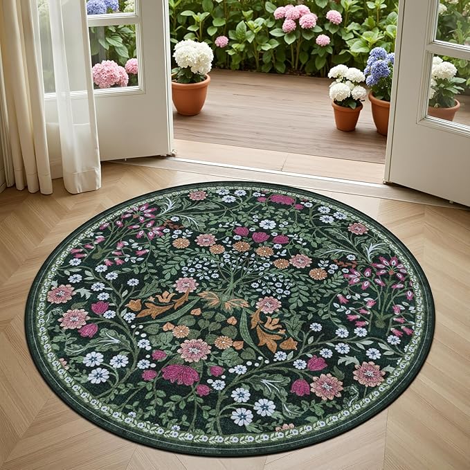 Round Area Rug for Living Room: 4 ft Floral Washable Circle Rug Soft Boho - Image 2