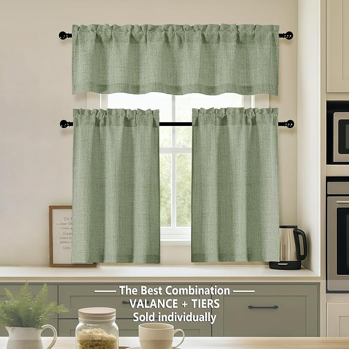 OVZME Green Valance for Windows, Light Filtering Faux Linen Textured Small Cafe - Image 2