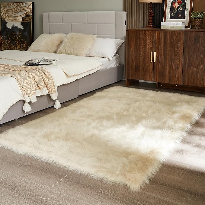 AMTOVO Faux Fur Sheepskin Rug for Living Room, 4 x 6 ft Beige Fluffy Area Rug - Image 5