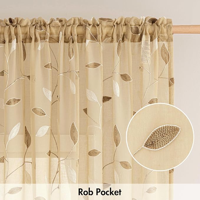 MIULEE Khaki Sheer Curtains 2 Panels Embroidered Leaf Patterned Rod Pocket - Image 5