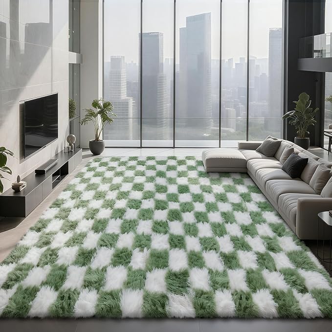 Area Rugs for Bedroom Living Room, 8x10 Green and White Fluffy Soft Checkered - Image 3