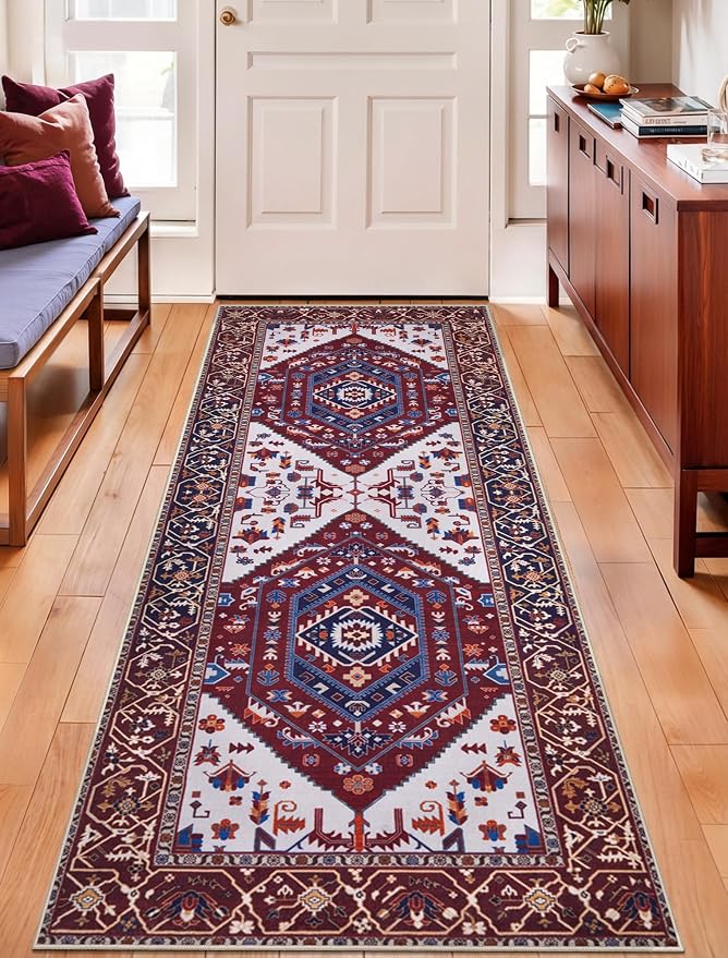 SERISSA Boho Washable Runner Rug, 2x5 Rug Runner Non-Slip Vintage Burgundy Navy - Image 5