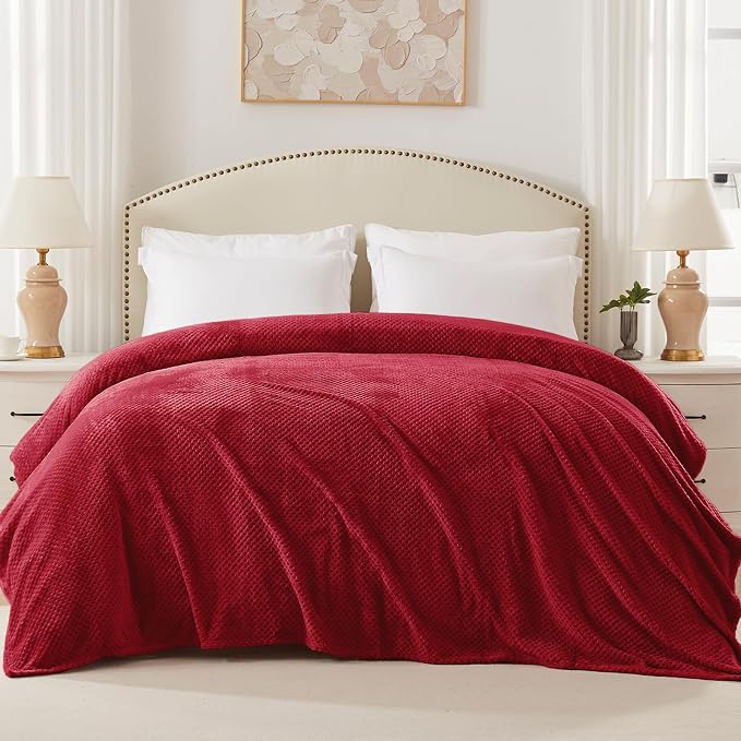 Exclusivo Mezcla Soft Waffle Fleece Bed Blanket King Size, Deep Red | - Image 3