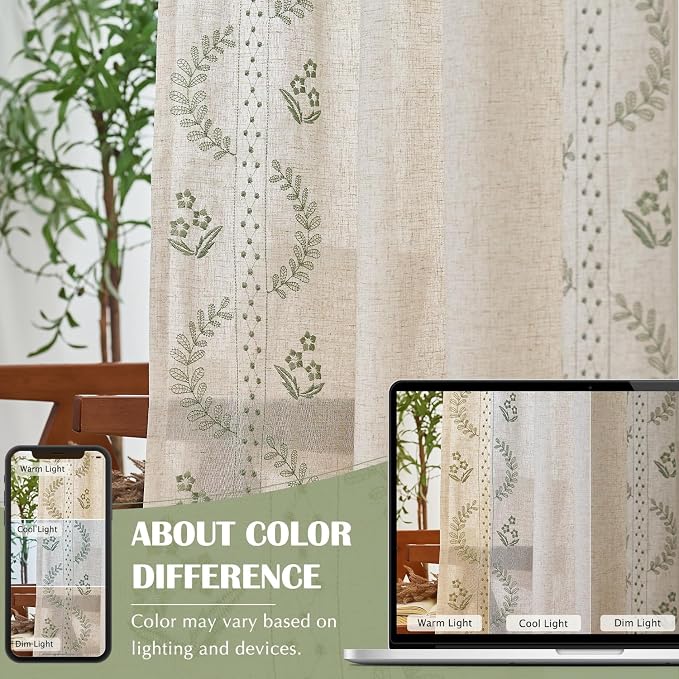 jinchan Belrose Linen Curtains for Bedroom Floral Curtains 90 Inch Length Linen - Image 8