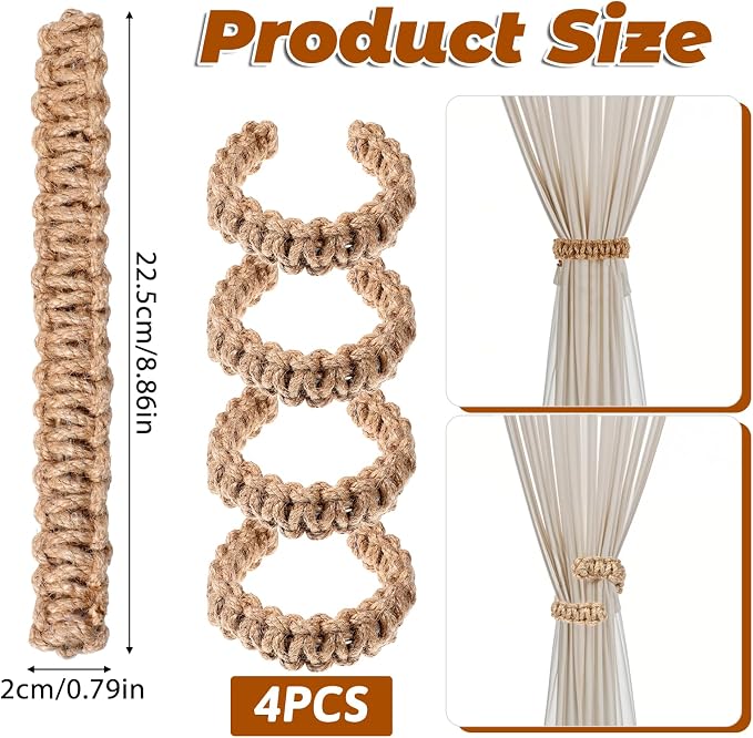 Ptwola 4 Pack Braided Curtain Tiebacks Boho Elegant Rustic Curtain Holdbacks - Image 2