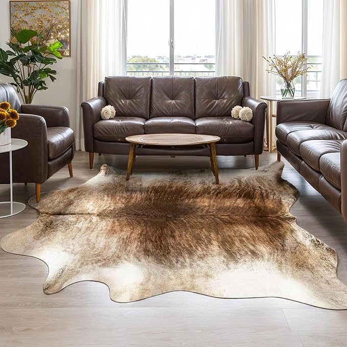 Western Faux Cowhide Rug, Animal Cow Hide Rug, 6.2 x 5.2 Ft Brownish | Premium by AROGANAREARUG